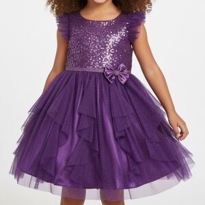 Jona Michelle Deep Purple Flutter Sleeve Sequin Glitter Tulle Dress | Size 7
